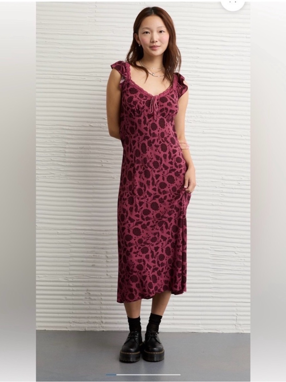 American Eagle Outfitters Burgundy Floral Midi with Lace Trim